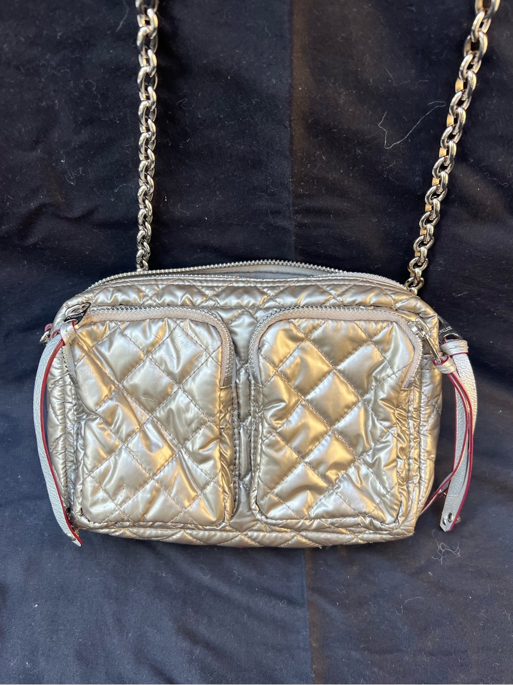 Quilted Metallic Silver Crossbody Bag - Women's Shoulder Purse mz wallace